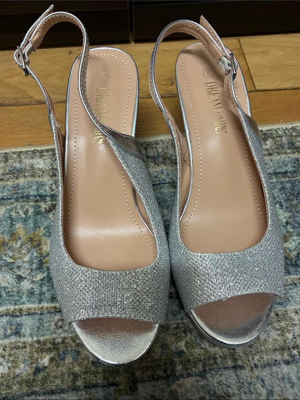 Dream Pairs Silver Glitter Slingback Peep Toe Heels